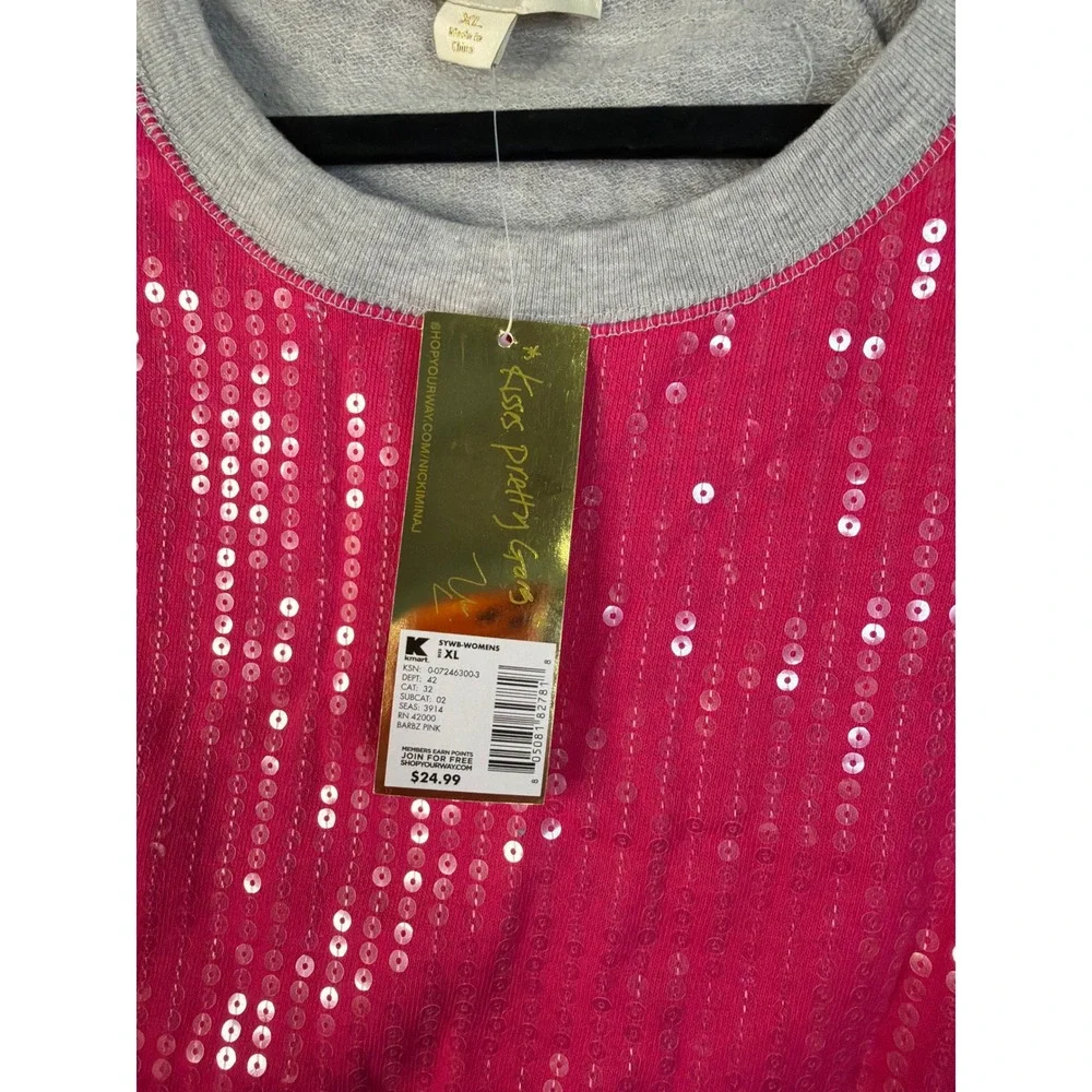 NWT Nicki Minaj Gray Pink‎ Sequin Raglan Sleeve Drawstring Sweatshirt Size XL